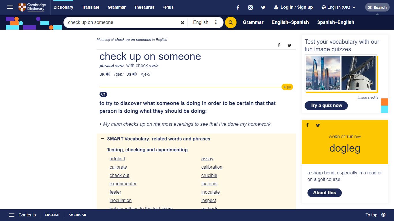 CHECK UP ON SOMEONE | meaning in the Cambridge English Dictionary