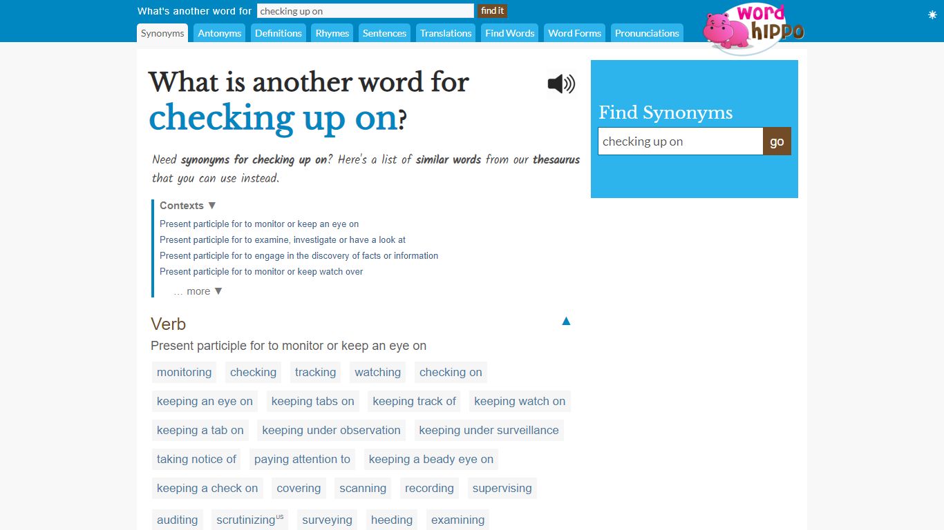 What is another word for checking up on - wordhippo.com